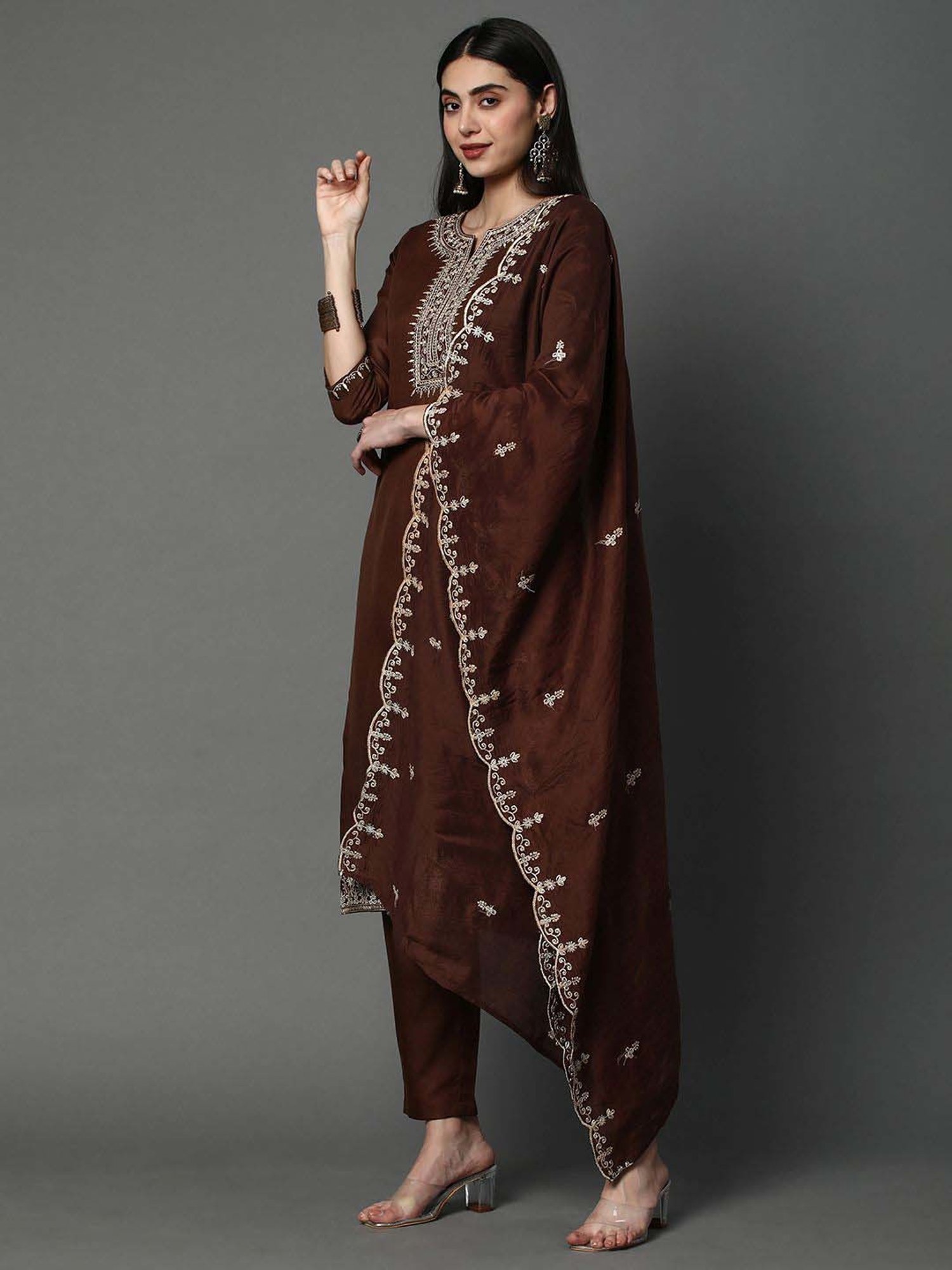 Heeposh Brown Embroidered Kurta Pant Set With Dupatta