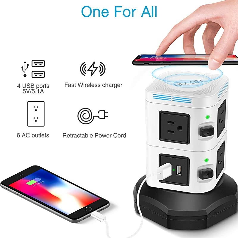 Power Strip Tower Wireless Charger  Surge Protector Electric Charging Station 3000W 13A 6 Outlet Plugs 4 USB Ports + 6ft Extension Cord