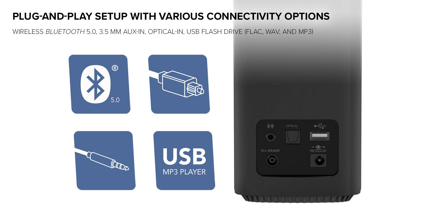 Creative T100 2.0 Compact Hi-Fi Desktop Speakers, up to 80W Peak Power with Bluetooth 5.0, Optical-in, AUX-in, Wide Soundstage and Audio Clarity with Bass Control for Computers and Laptops (Black)