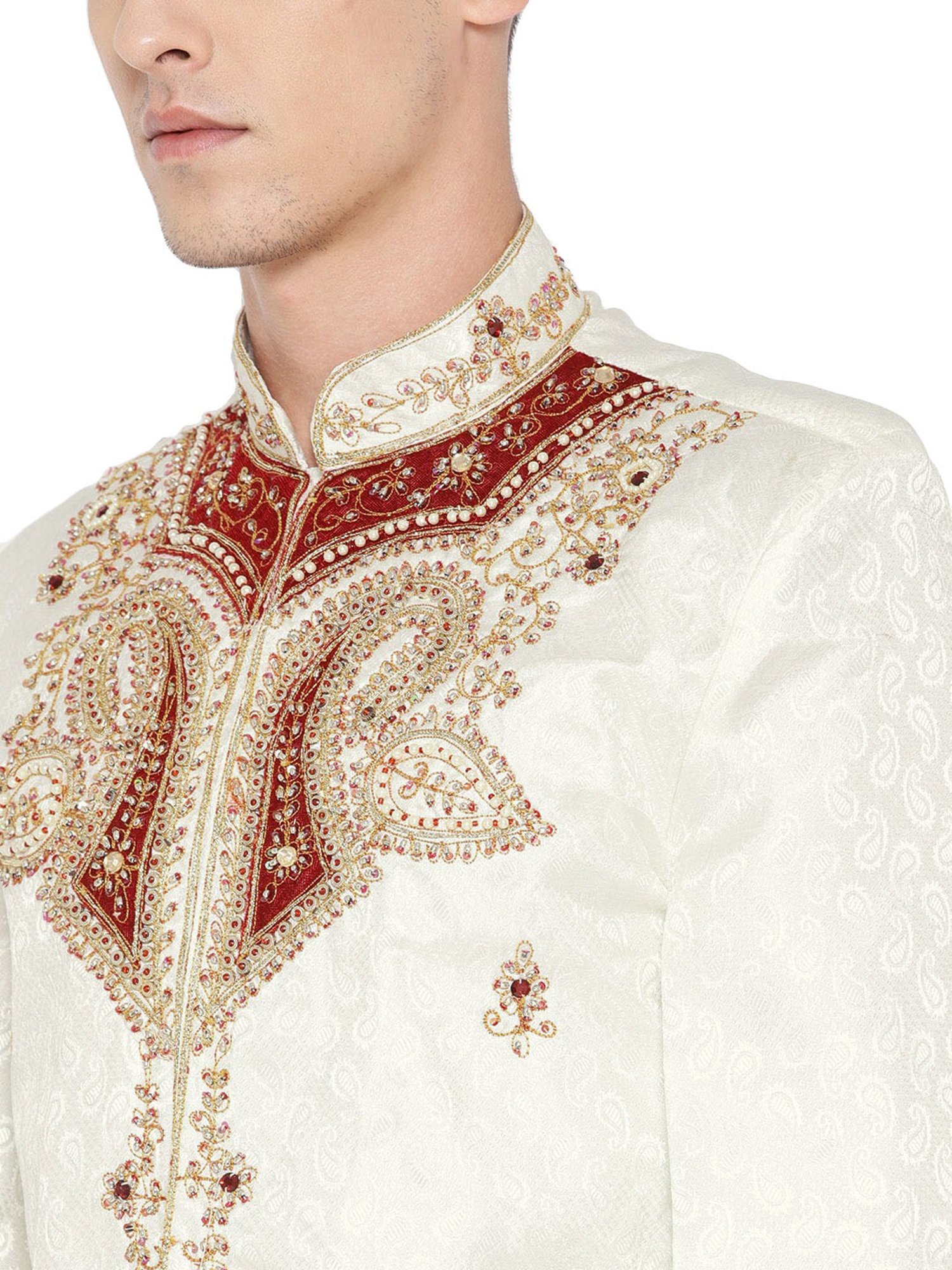 SG LEMAN Cream Regular Fit Embellished Sherwani Set