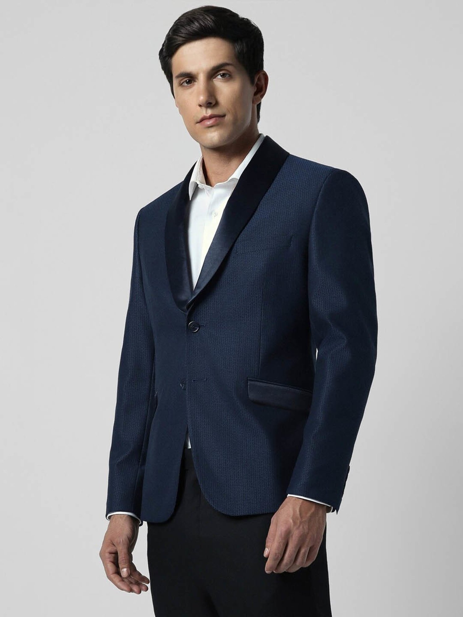 V Dot Shine Navy Skinny Fit Blazer