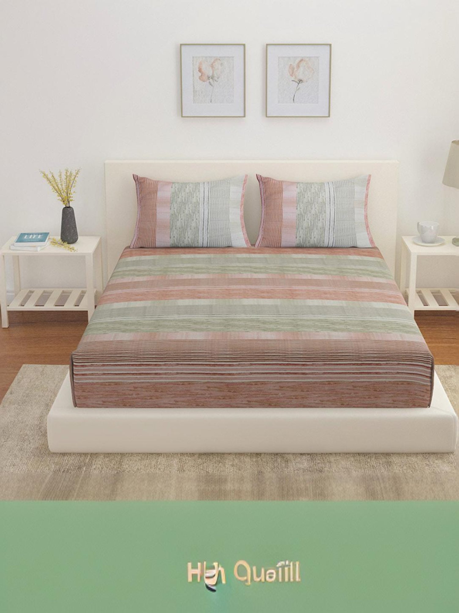 @Home Arias Grey & Red 225 TC Cotton Satin King Bedsheet with 2 Pillow Covers