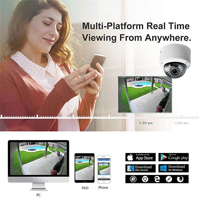 H.265 1080P POE(Power Over Ethernet) IP Dome Camera Security Surveillance CCTV Camera, 2.8mm Lens, Night Vision, Vandalproof, Waterproo