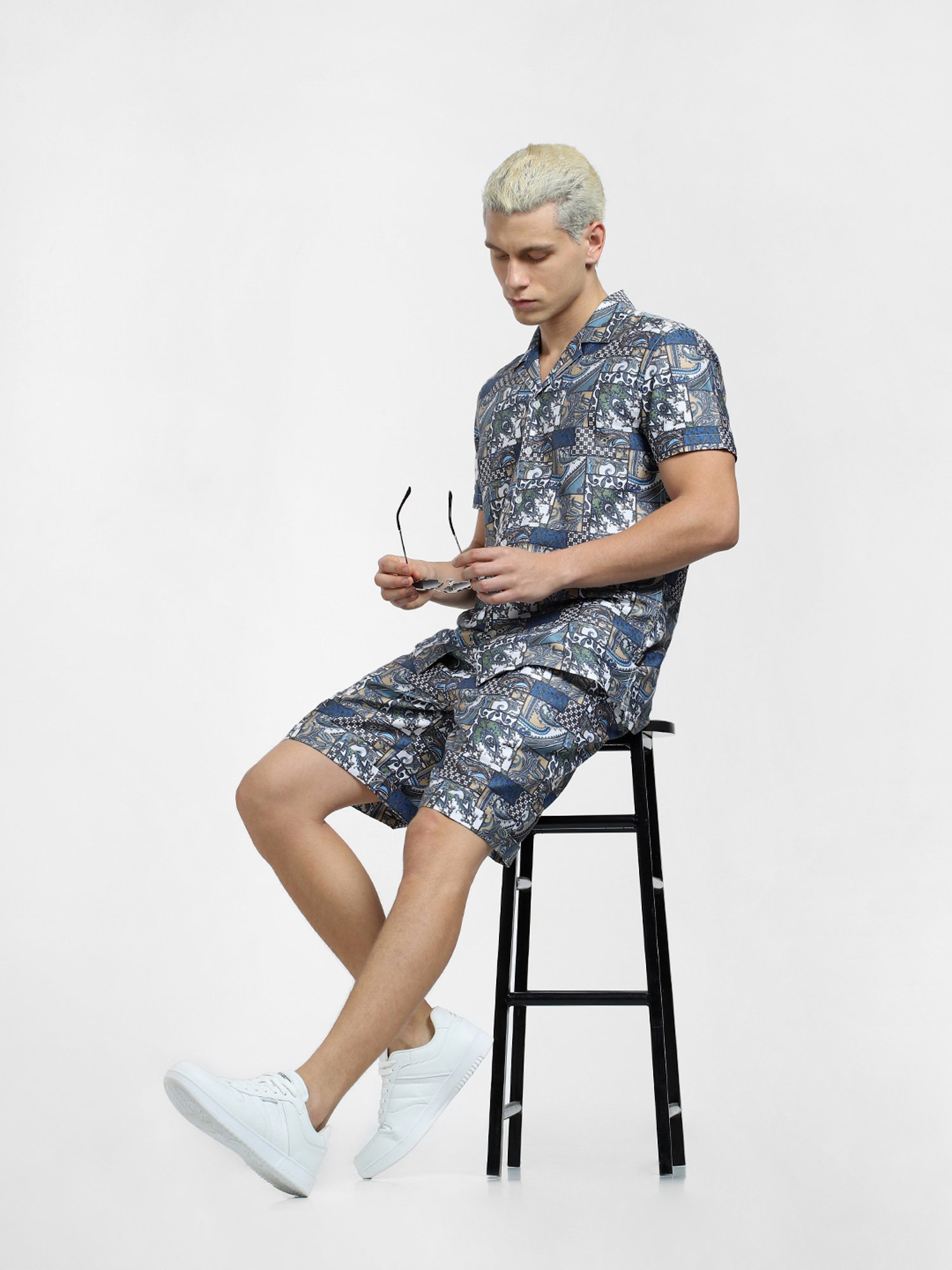 Jack & Jones Teal Blue Regular Fit Printed Cotton Shorts