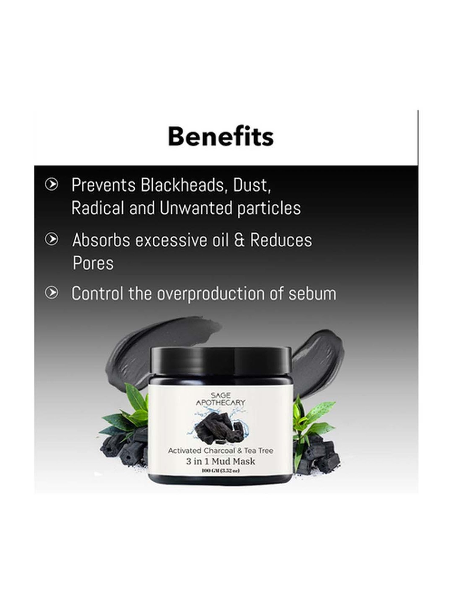 Sage Apothecary Activated Charcoal & Tea Tree 3 in 1 Mud Mask - 100 gm