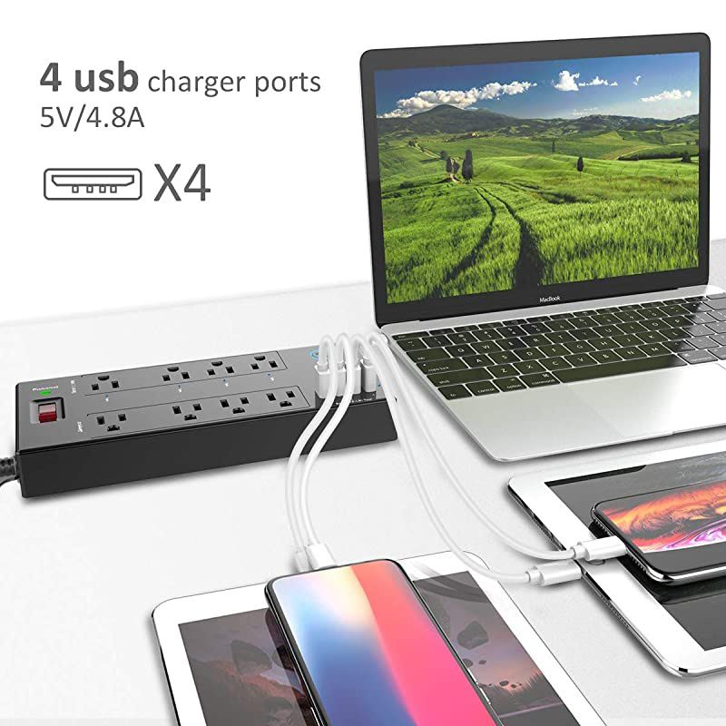 Smart Plug, Power Strip,  WiFi Surge Protector(1680 Joules with 4 Smart Outlets and 4 Always on outlets and 4 USB Ports(Smart 4.8A 24W Total), 6ft Extension Cord, 1875W/15A, Black