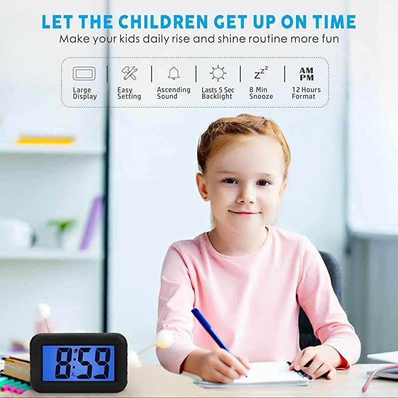 Digital Clock Kids Alarm Clocks with Snooze and Backlight Simple Travel Clocks Large LCD Display Ascending Sound and Handheld Sized Good for Kids Black