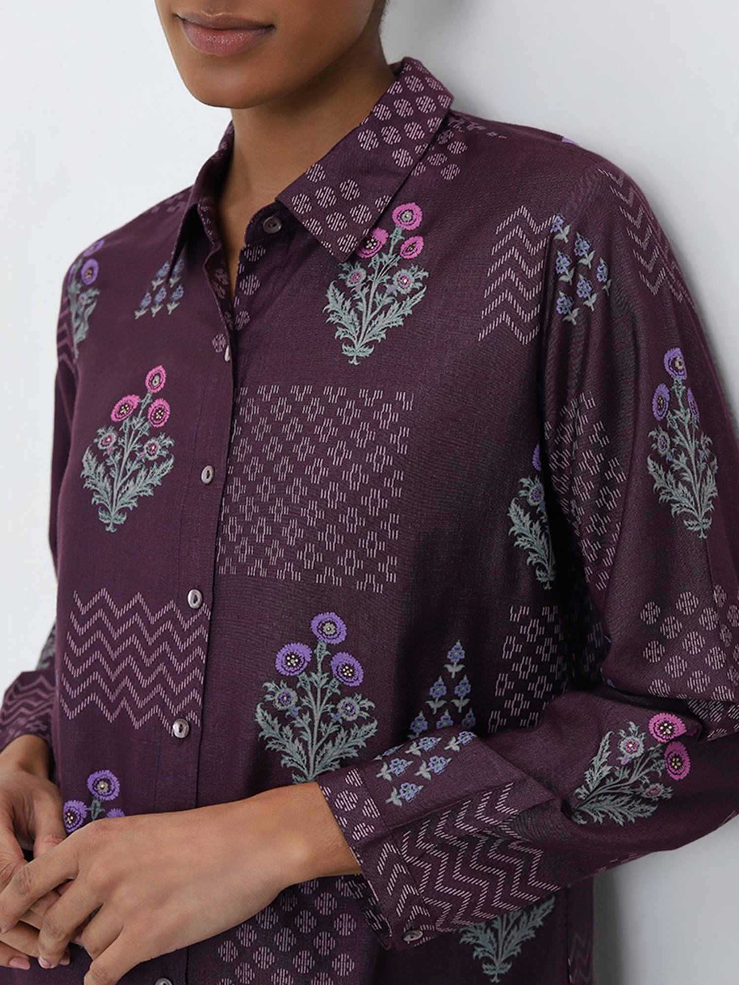 Zuba by Westside Dusty Purple Floral Motif Straight Tunic