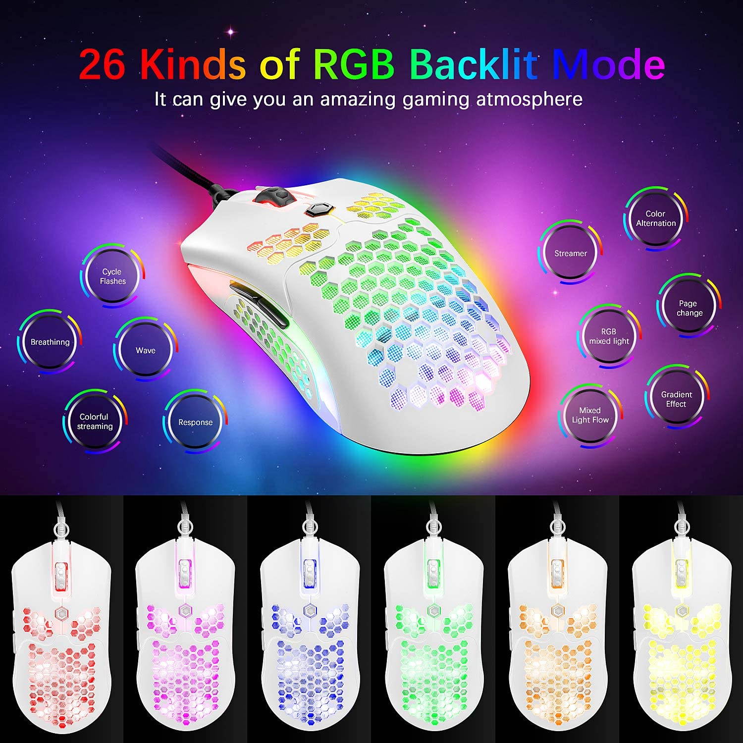 Lightweight Gaming Mouse Wired, 12000DPI Mice Backlit Mice with 7 Buttons Programmable Driver,Ultralight Honeycomb Shell Ultraweave Cable Mouse for PC Gamers and Xbox and PS4 Users