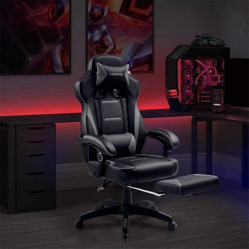 Luckracer Gaming Chair Office Desk Chair with Footrest Pu Leather High Back Adjustable Swivel Lumbar Support Racing Style E-Sports Gamer Chairs