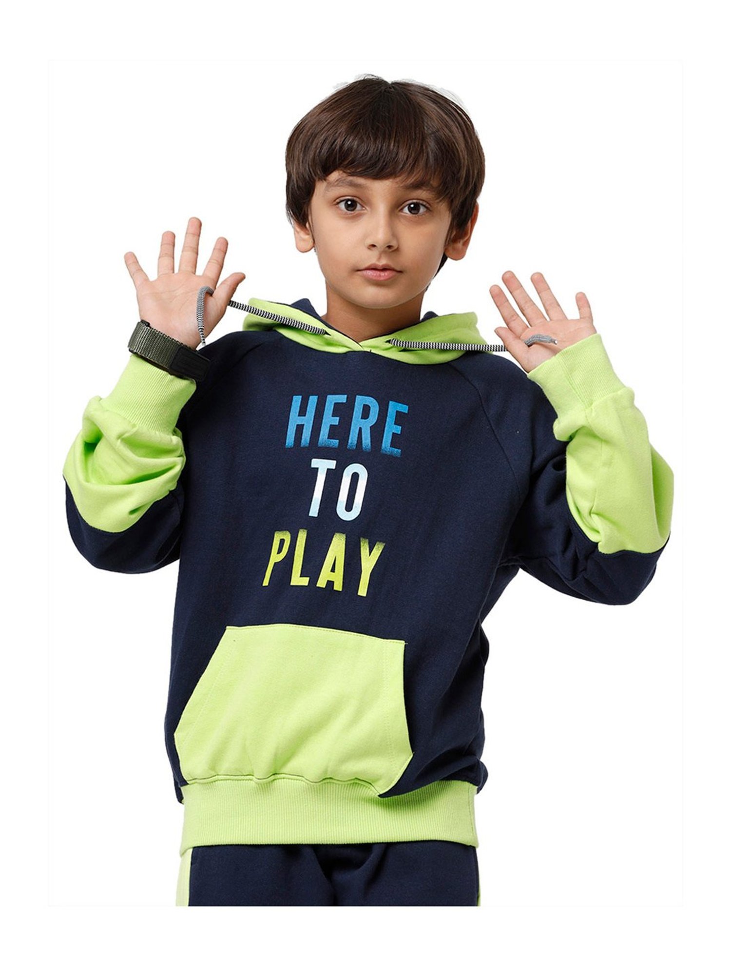 Under Fourteen Only Kids Navy & Lime Green Printed Full Sleeves Sweatshirt