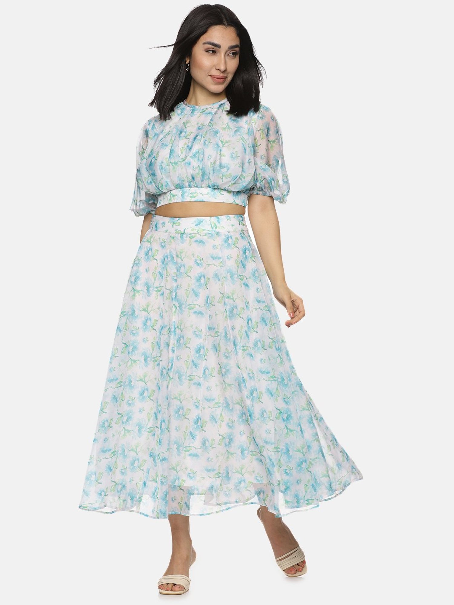 ISU White Floral Print A Line Maxi Skirt