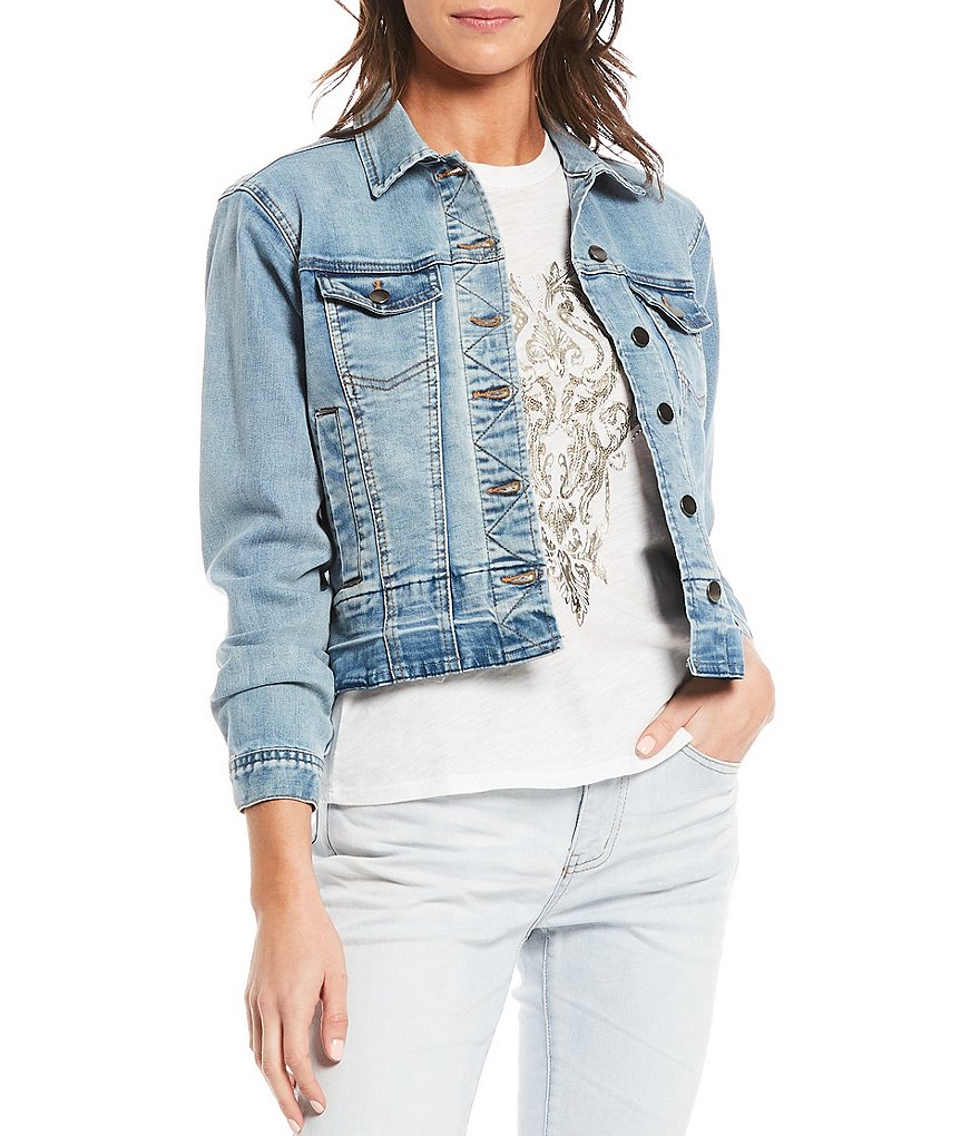 Reba Emily Long Sleeve Spread Collar Medium Wash Denim Trucker Jacket