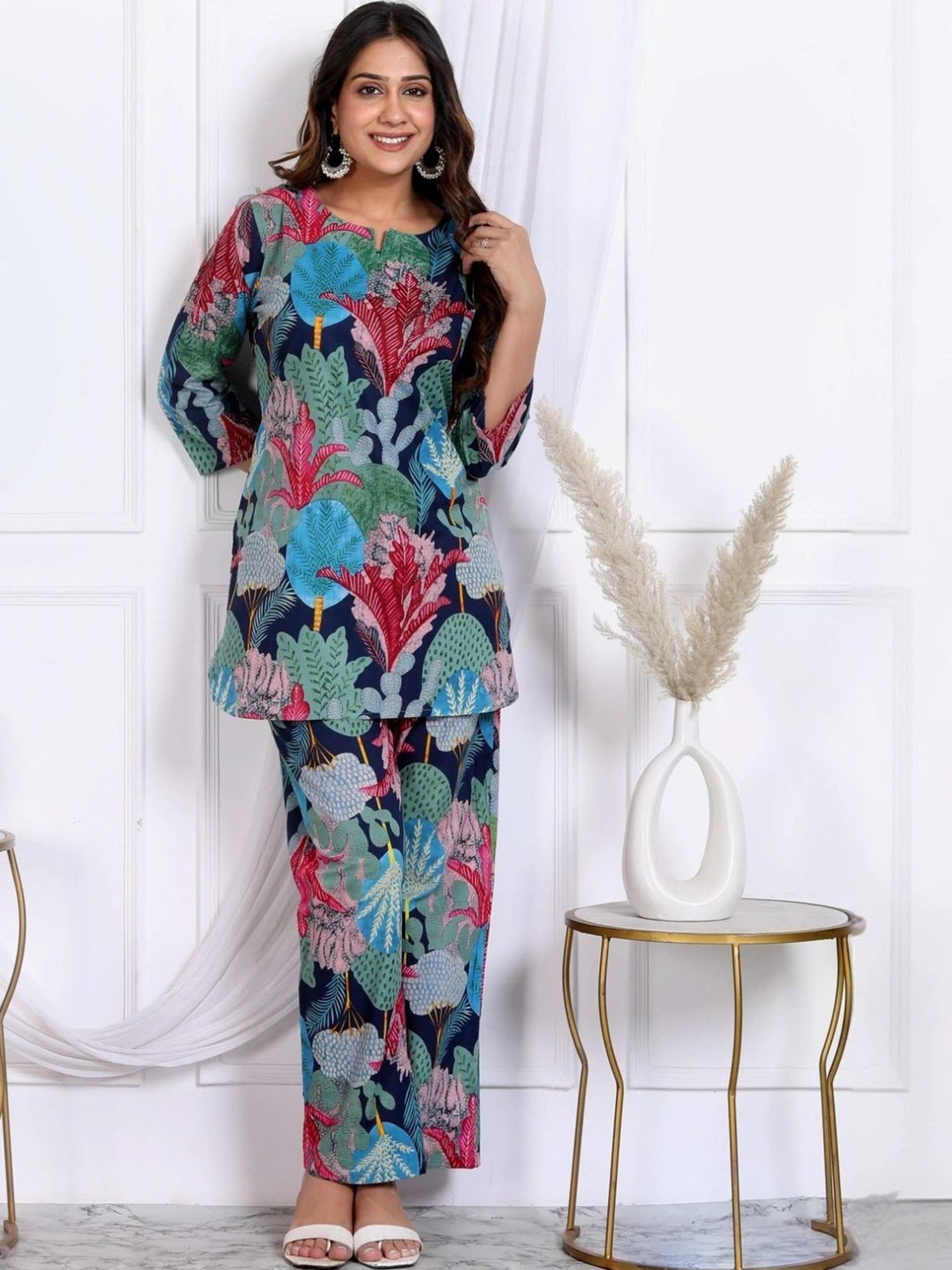 Kaftanize Multicolored Tropical Collage Printed Cotton Tunic with Pant