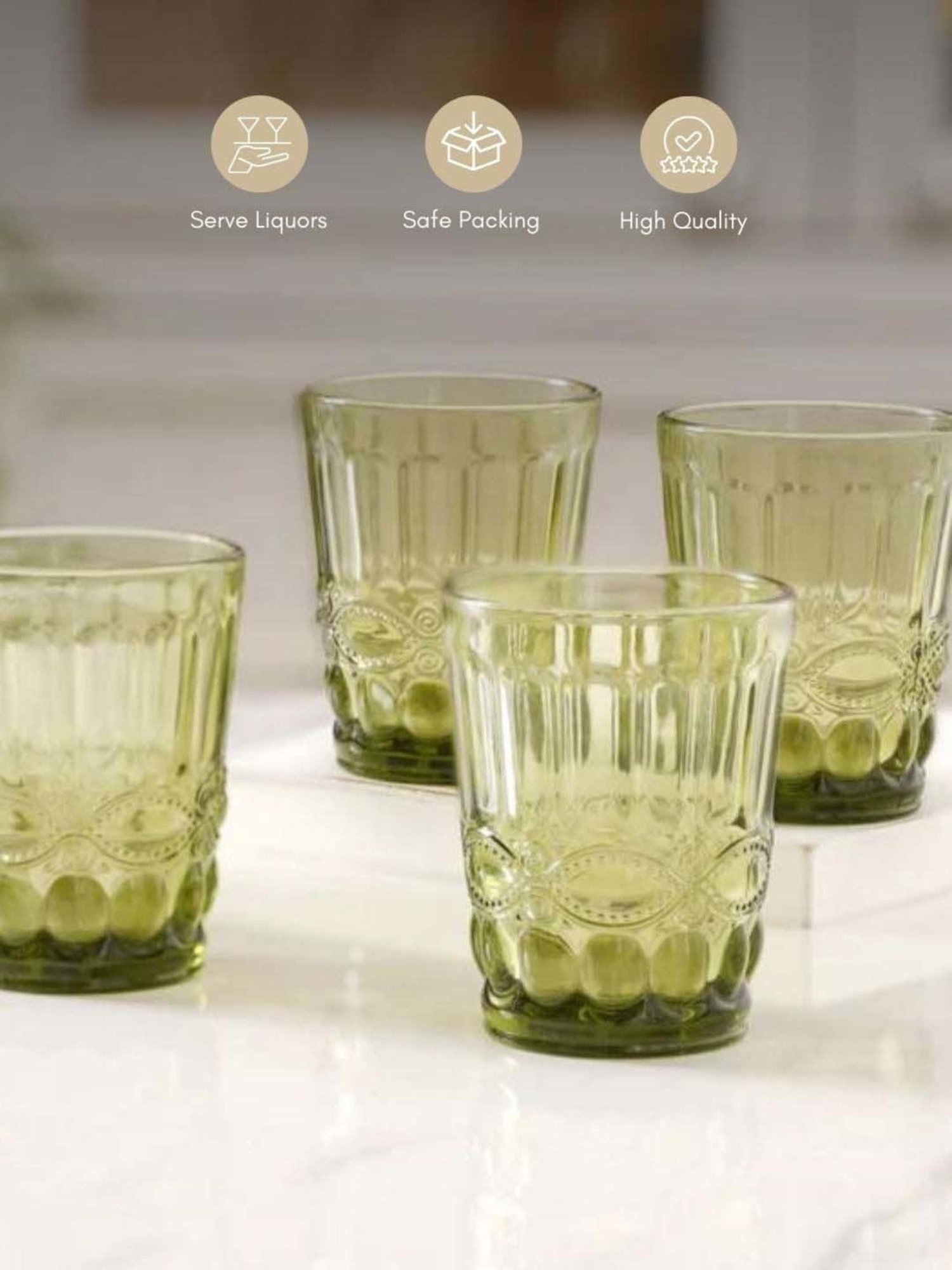 Nestasia Premium Quality Vintage Textured Green Translucent Water Glass For Serving Drinks(Set Of 4)