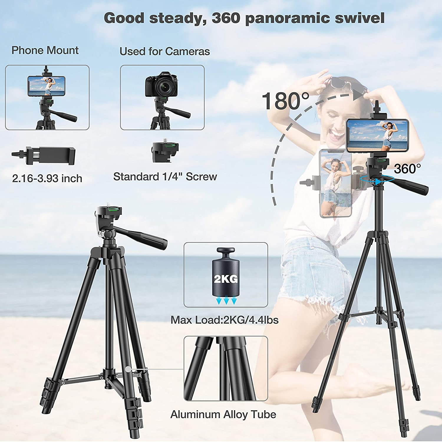 Phone Tripod, 51" Extendable Travel Lightweight Tripod Stand with Carrying Bag, Universal Tripod with Bluetooth Remote, Cell Phone Mount for iPhone Xs/Xs Max/Xr/X/8/8 Plus/Samsung/Android Phone,Camera