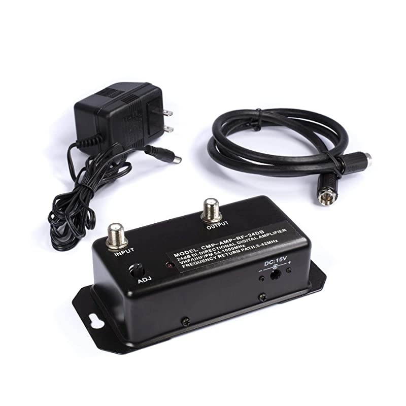 Distribution Amplifier - Digital TV Antenna Booster Signal Amplifier, Adjustable Boost/Gain, NTSC, ATSC, FM, UHF, VHF - 1000 MHz - Includes RG6 Coaxial Cable