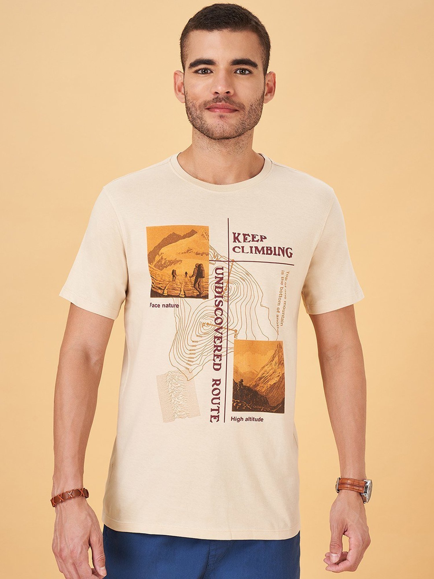 Urban Ranger by Pantaloons Beige Cotton Slim Fit Printed T-Shirt
