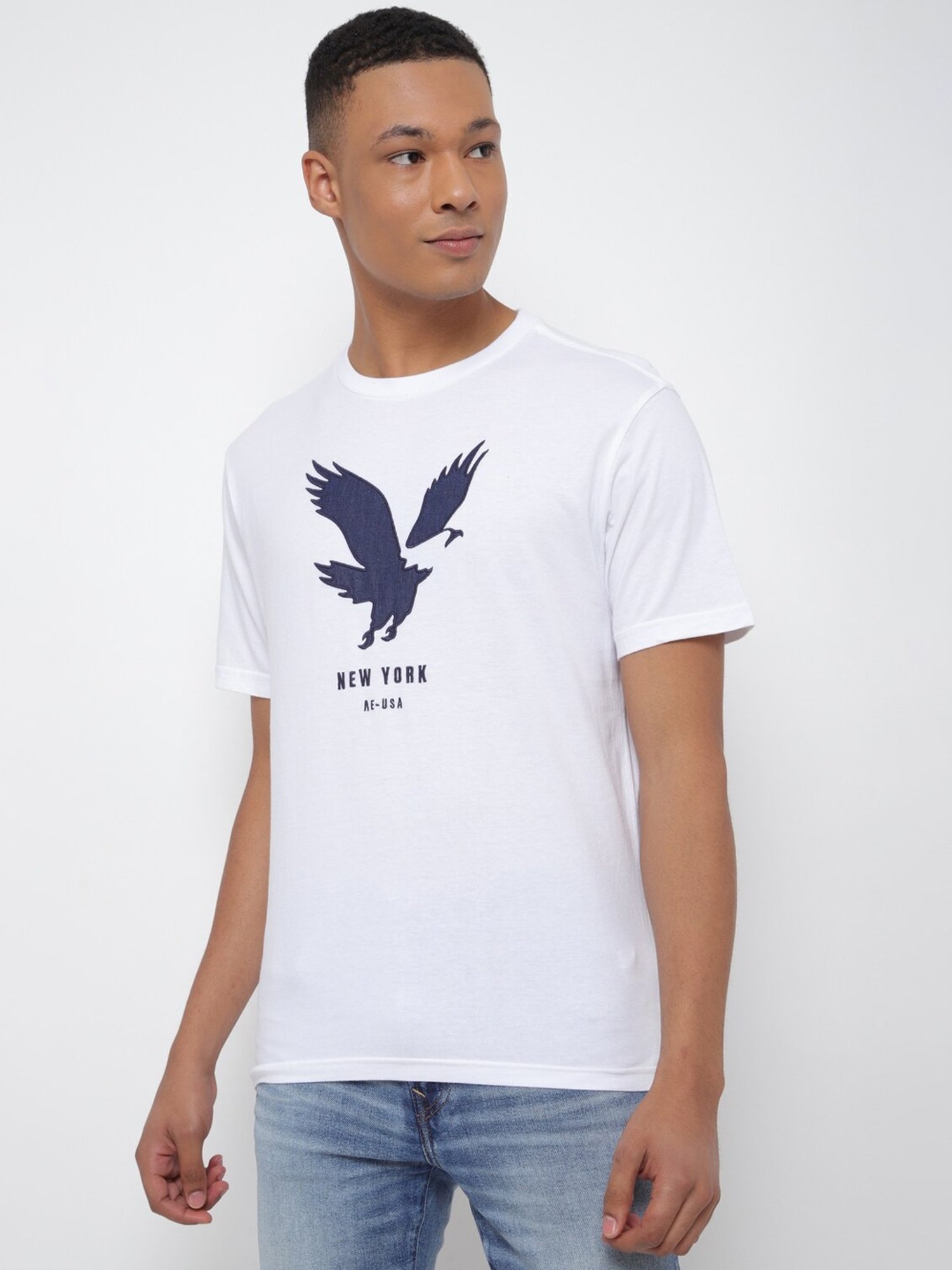 American Eagle White Cotton Regular Fit Printed T-Shirt
