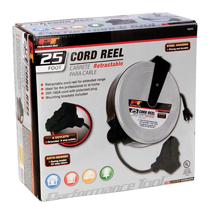 W2272 25 GrayBlack Retractable Cord Reel With Durable Steel Housing