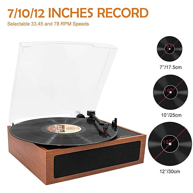 Vintage Vinyl Record Player with Stereo Speakers,3 Speed Turntable, Light Brown