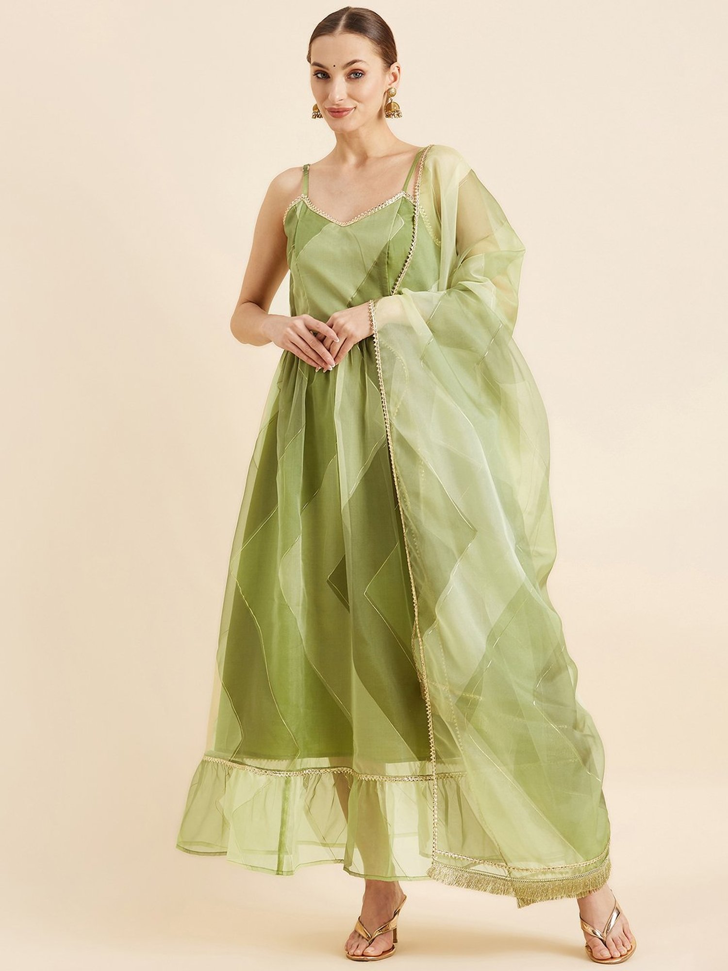 PANIT Green Printed Ethnic Dress With Dupatta