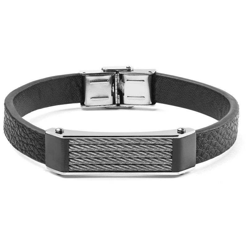 Men's West Coast Jewelry Black Leather and Stainless Steel Cable Inlayed ID Plate Bracelet
