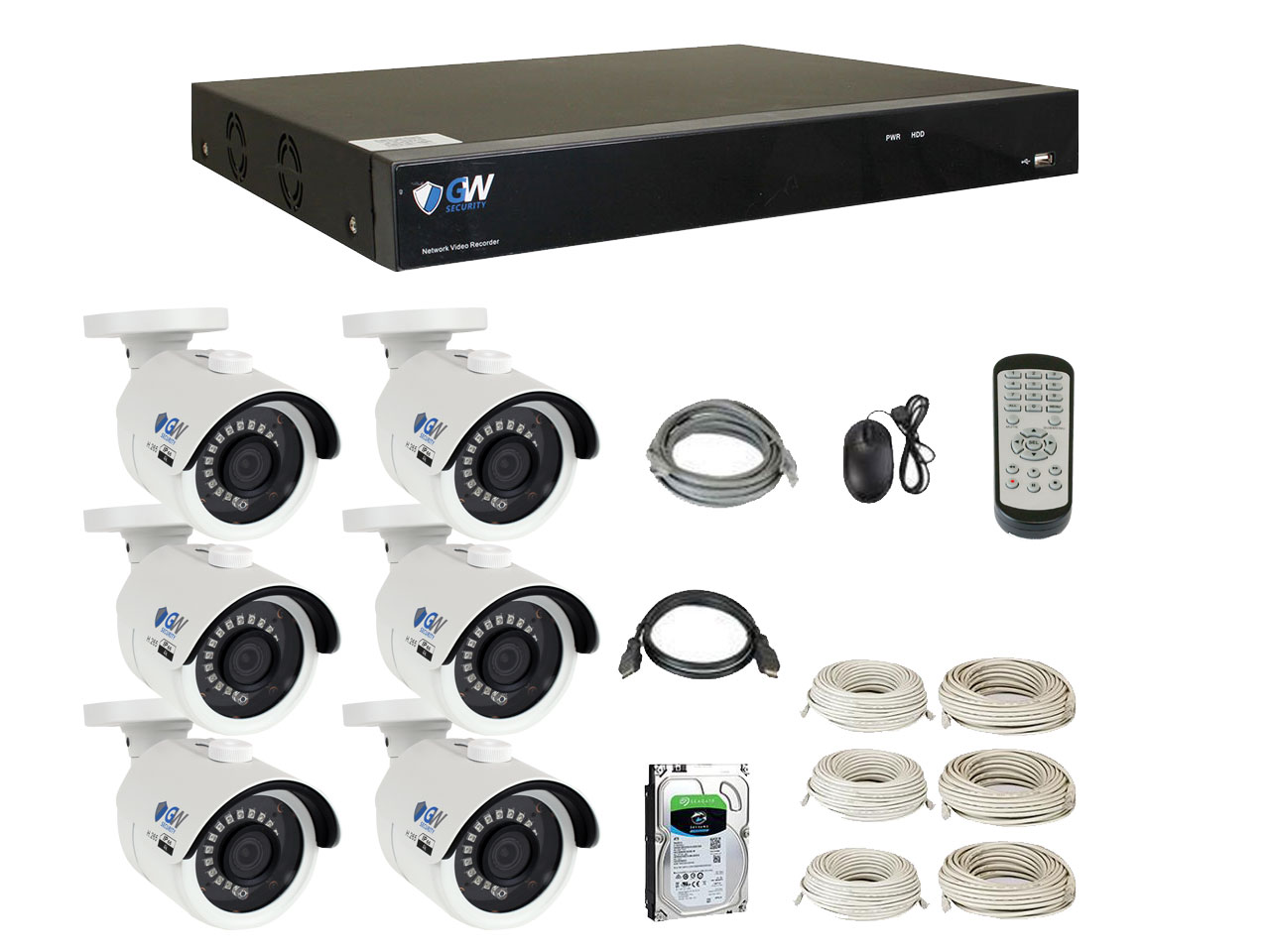 GW 4K Ultra HD 8MP PoE IP Camera Security System, 8-channel H.265 NVR UHD 4K Output, 4 x 4K 8 Megapixel WDR Weather Proof PoE IP Cameras, Smart Video Search Customizable Motion Detection, 2TB HDD
