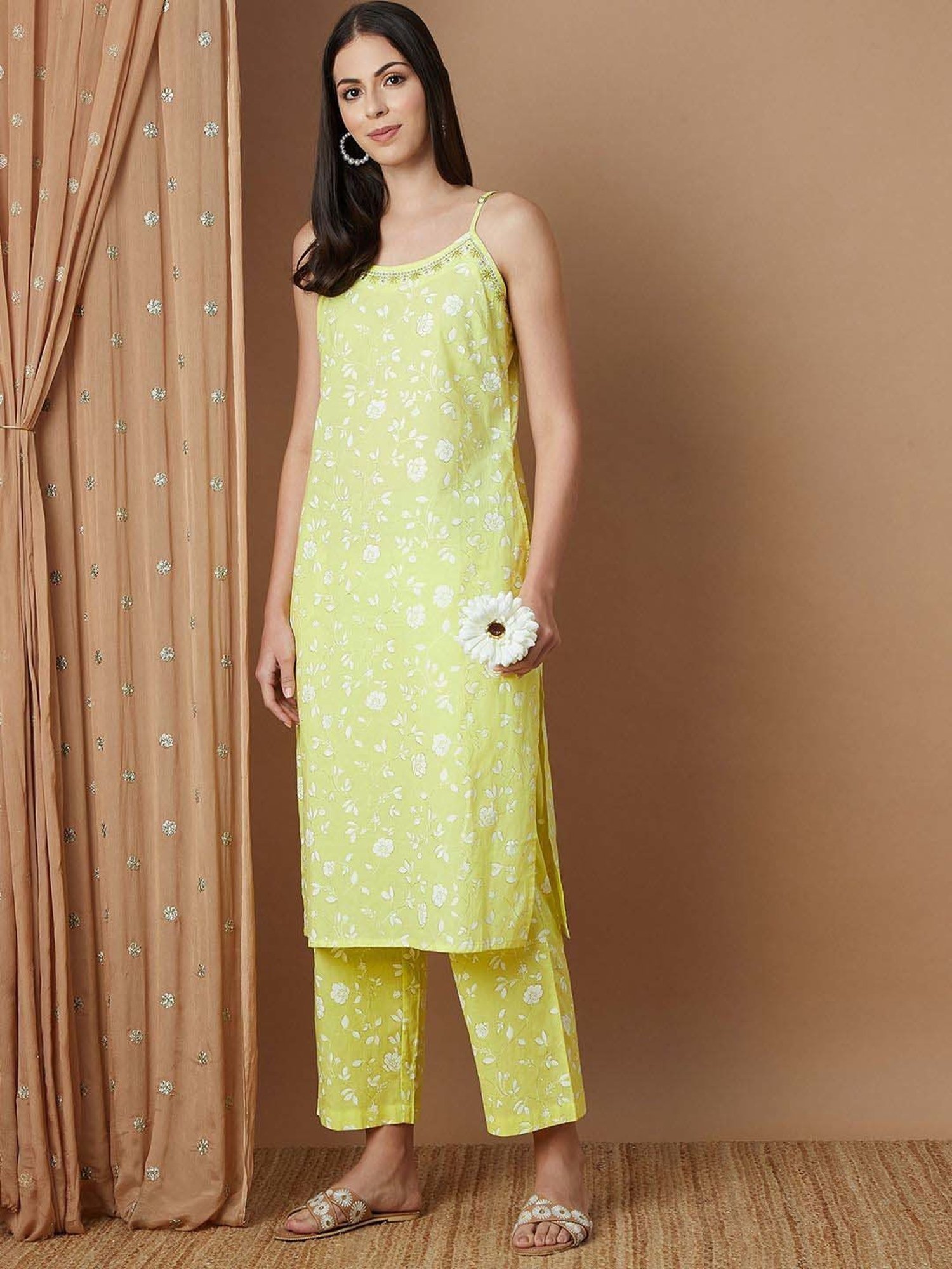 Melange by Lifestyle Lime Yellow Cotton Printed Kurta & Pant Set