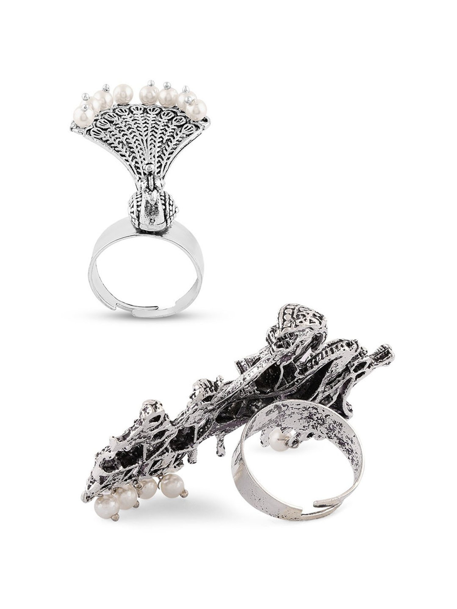 Zaveri Pearls Set of 2 Barat & Peacock Design Antique Oxidized Adjustable Finger Ring-ZPFK16854