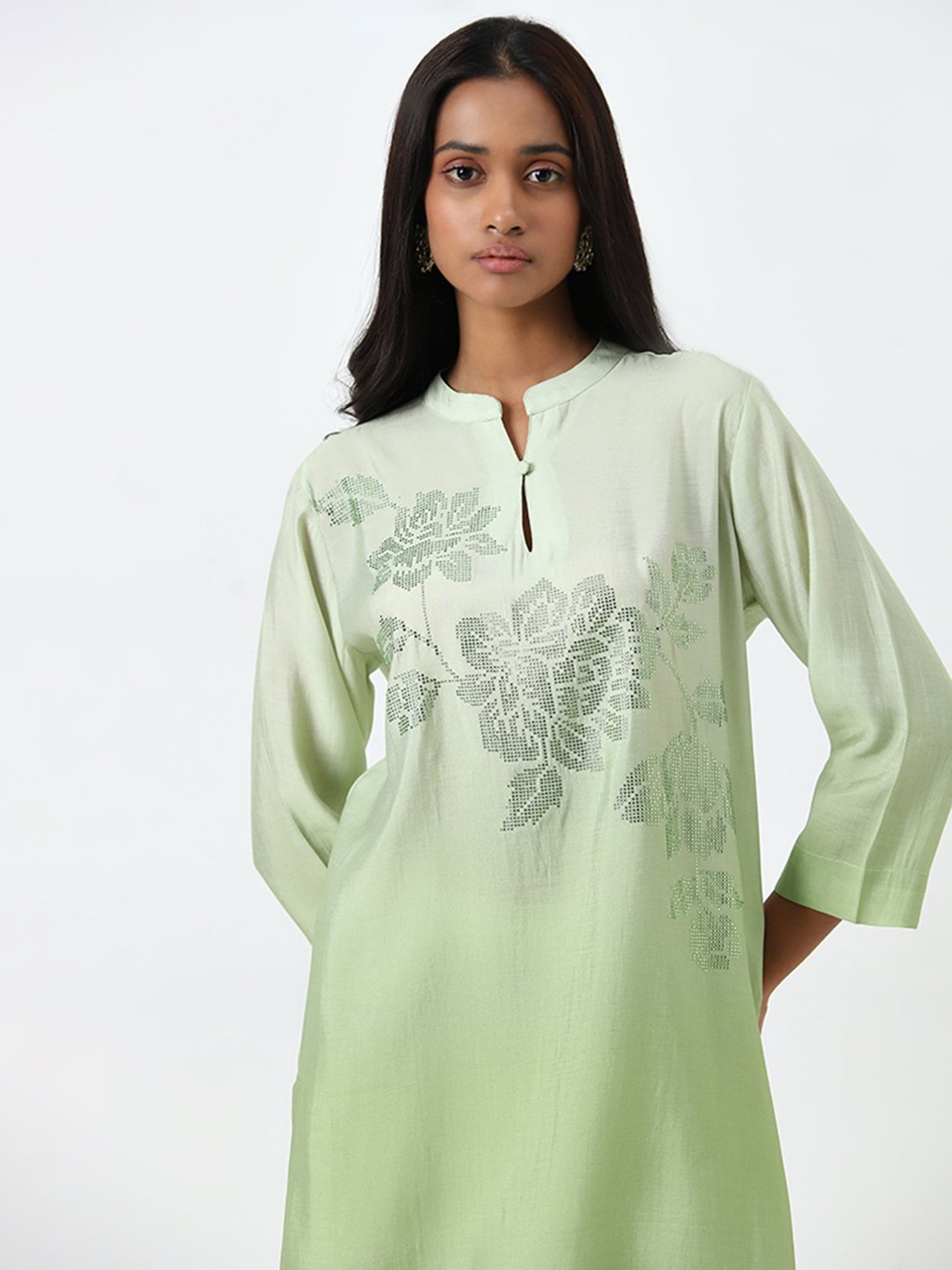 Vark by Westside Light Green Floral Design Tunic with Palazzos Set