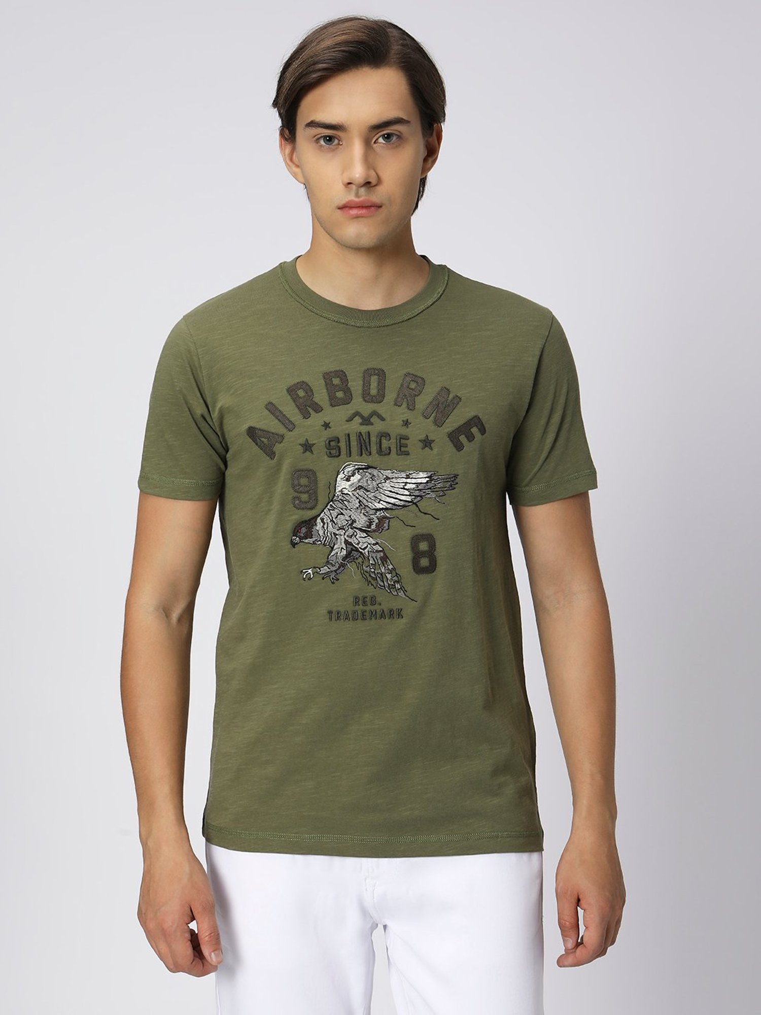 Mufti Olive Slim Fit Embroidered Cotton Crew T-Shirt