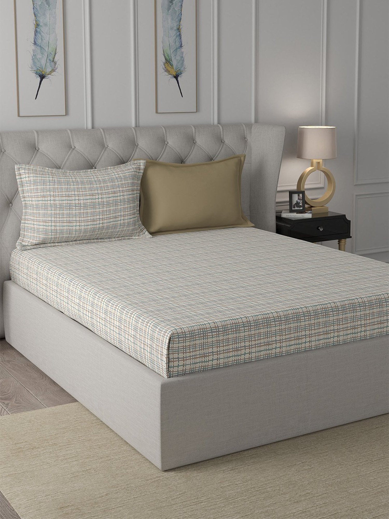 In-House by Maspar Neutral 200 TC Cotton Printed Bed Sheet with 2 Pillow Cover