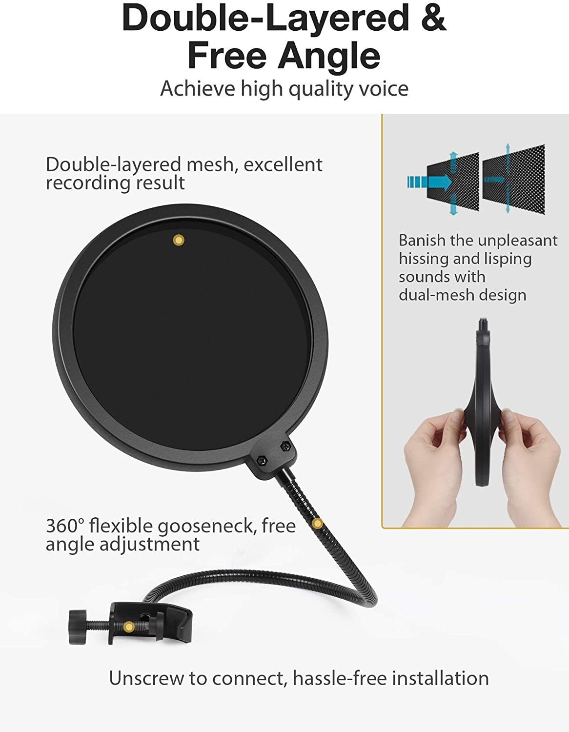 Microphone Stand, Upgraded Mic Stand Max Load 4.0 lb Boom Scissor Arm Stand with Windscreen, Pop Filter, 3/8" to 5/8" Screw Adapter, Mic Clip and Cable Ties for Blue Yeti and Other Mic