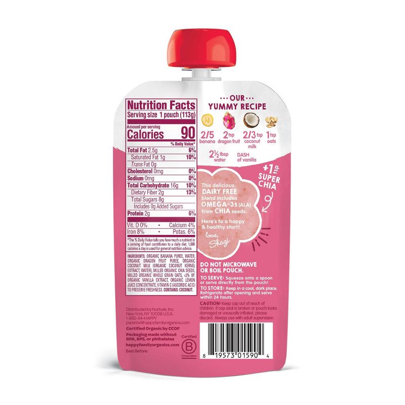 HappyTot Super Morning Organic Bananas Dragonfruit Coconut Milk & Oats with Super Chia Baby Food Pouch - 4oz