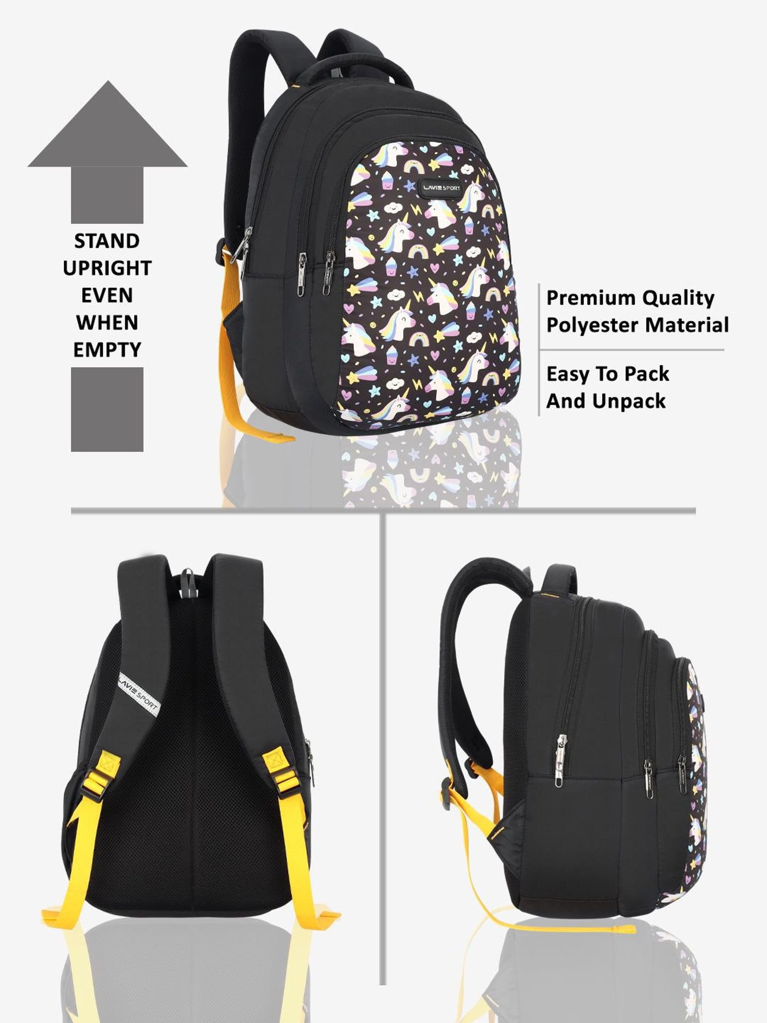 Lavie Sport Unicorn Horn 26L Printed School Backpack for Girls (Black)