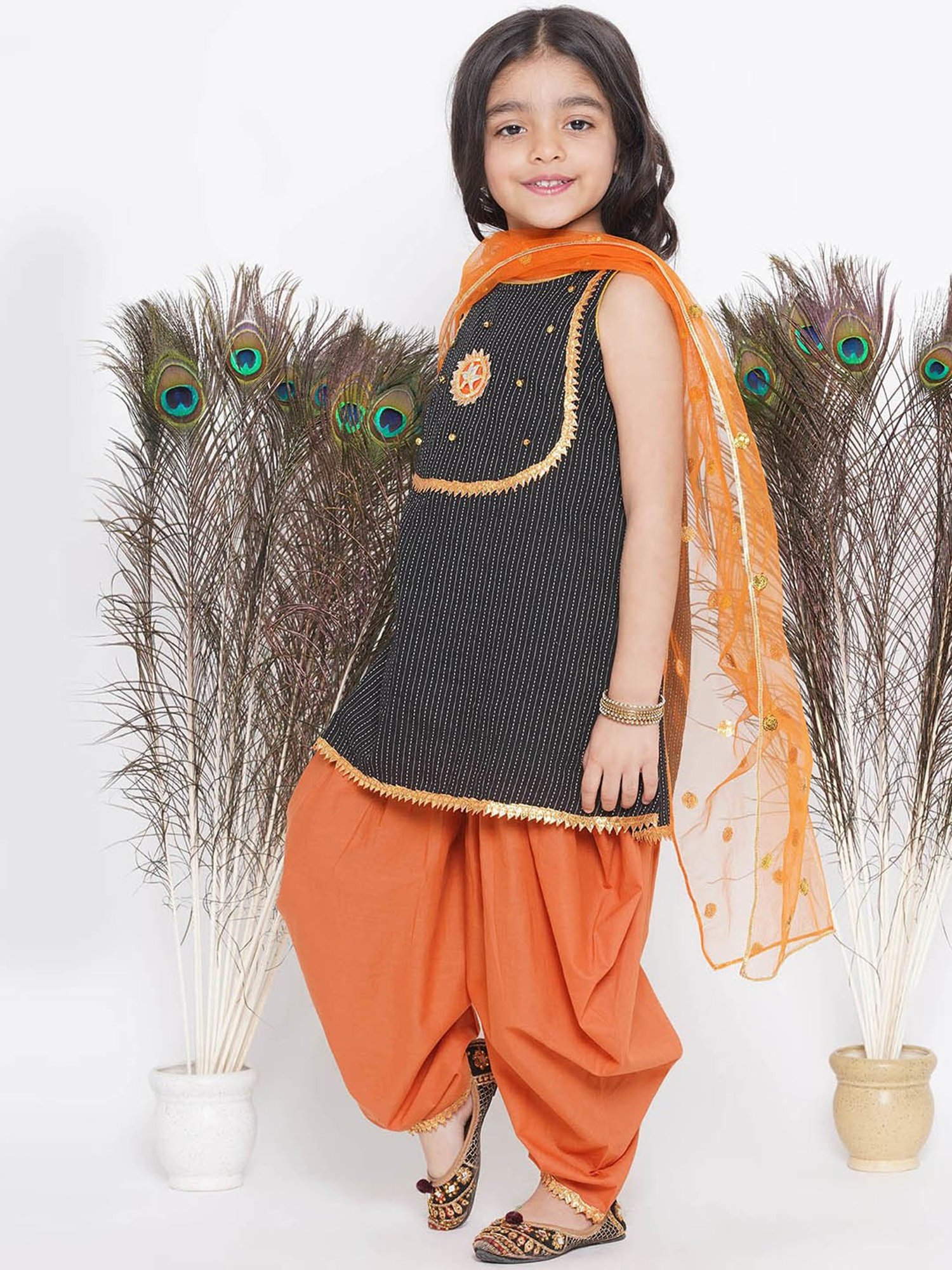 Little Bansi Kids Black & Orange Embellished Kurta, Salwar with Dupatta