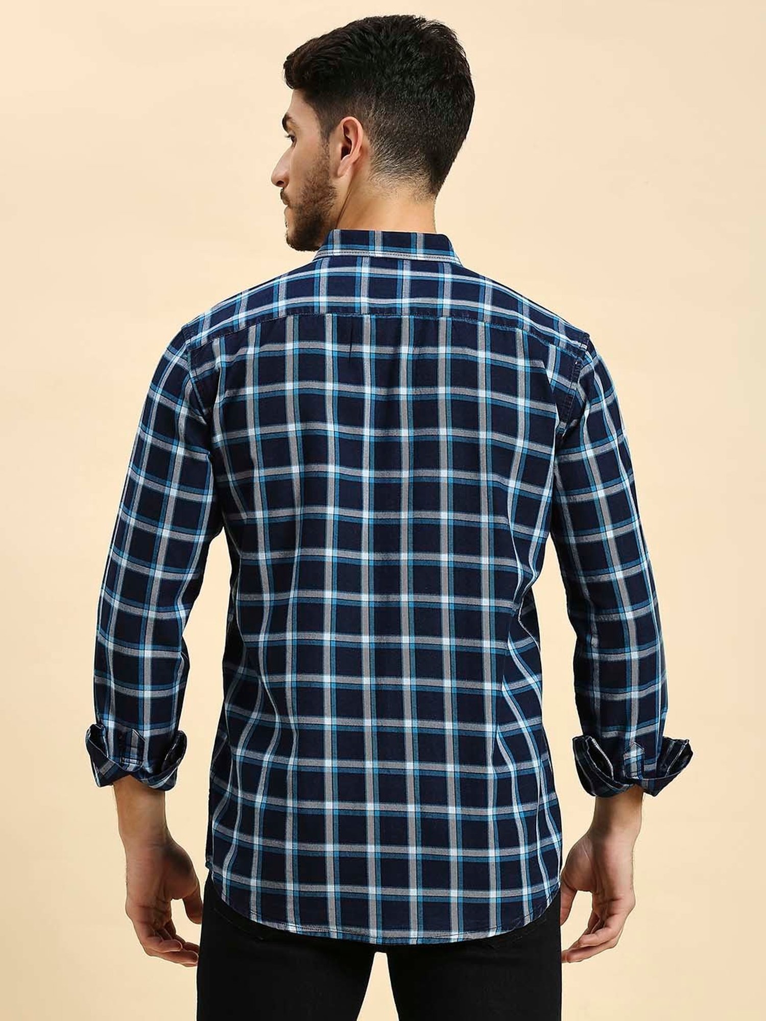 HJ HASASI Navy Slim Fit Check Cotton Shirt