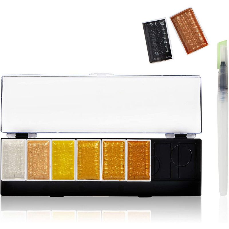 Bright Creations 2 Pieces Set Metallic Watercolor Painting Palettes and Brushes Art Supplies, 8 Colors