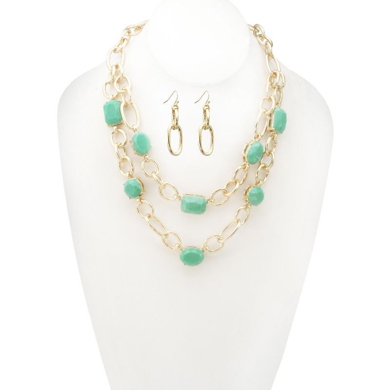 Women's Zirconite Epoxy Stone Double Layered Chain Link Necklace and Earring Set