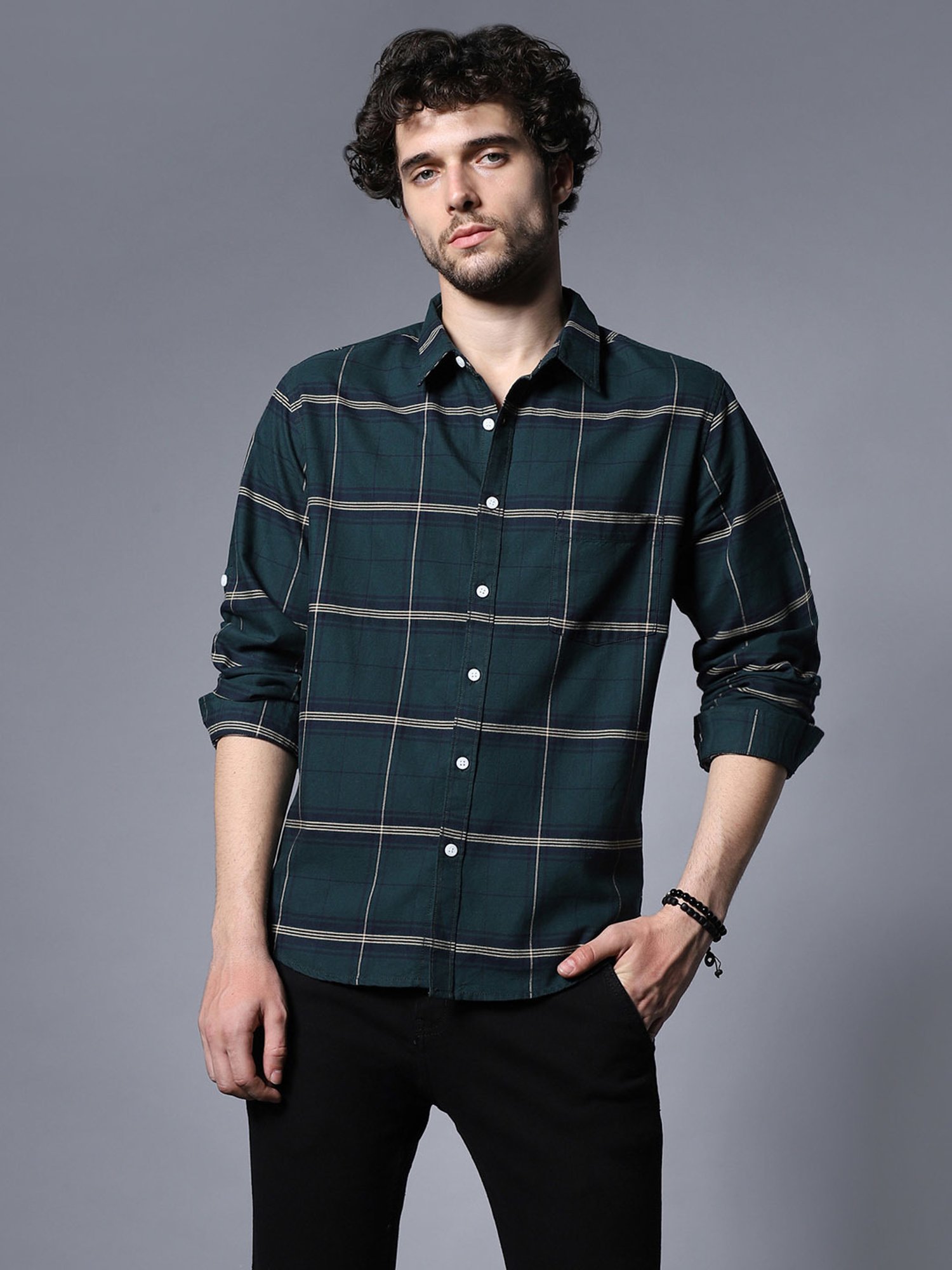 High Star Green Relaxed Fit Checks Shirt
