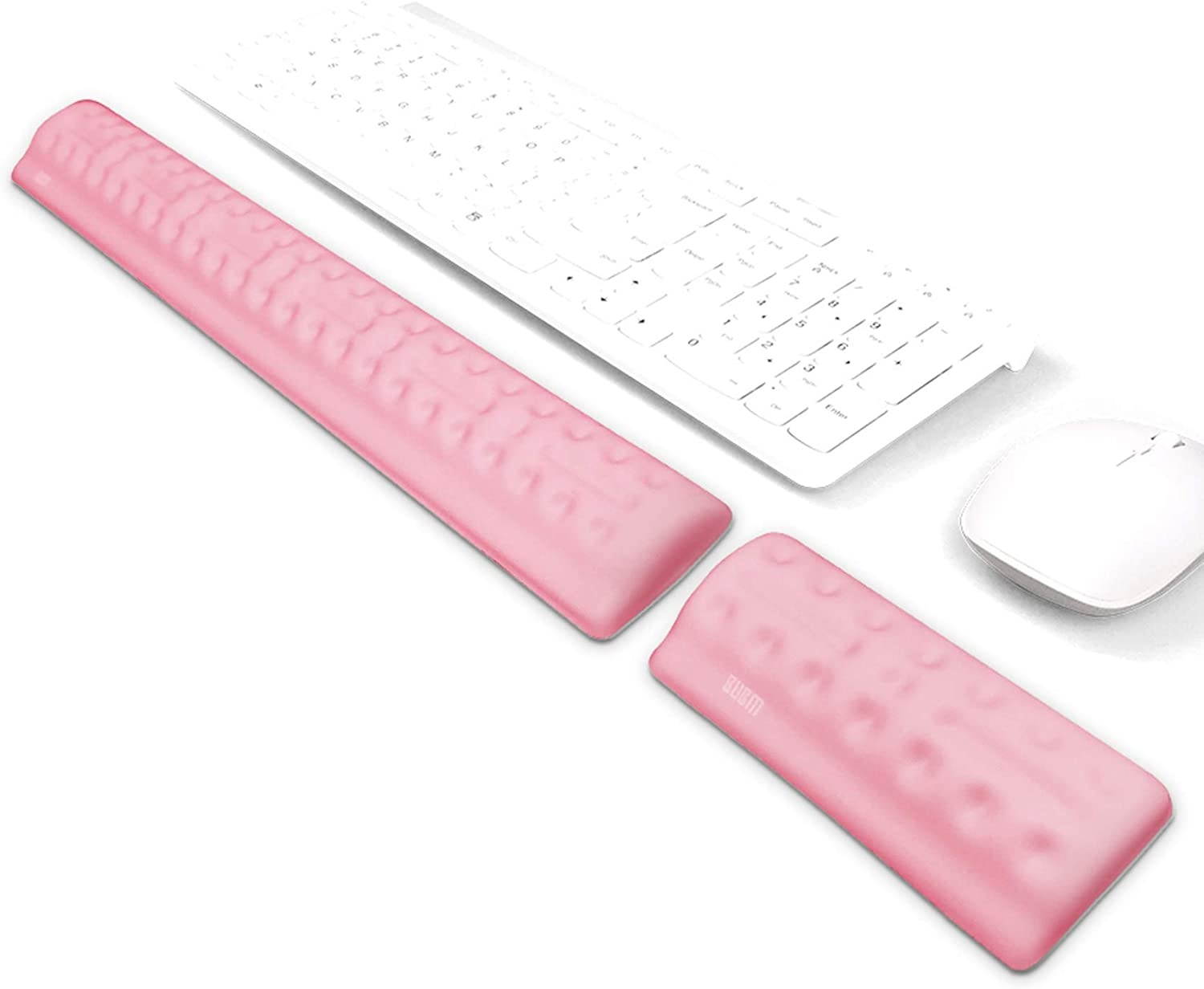 BUBM Keyboard Wrist Rest Mouse Wrist Pad Arm Support with Massage Holes Design, Ergonomic Memory Foam Hand Palm Rest, Comfortable Wrist Cushion & Easy-Tying for PC Gaming, Office, Computer(Pink Set)