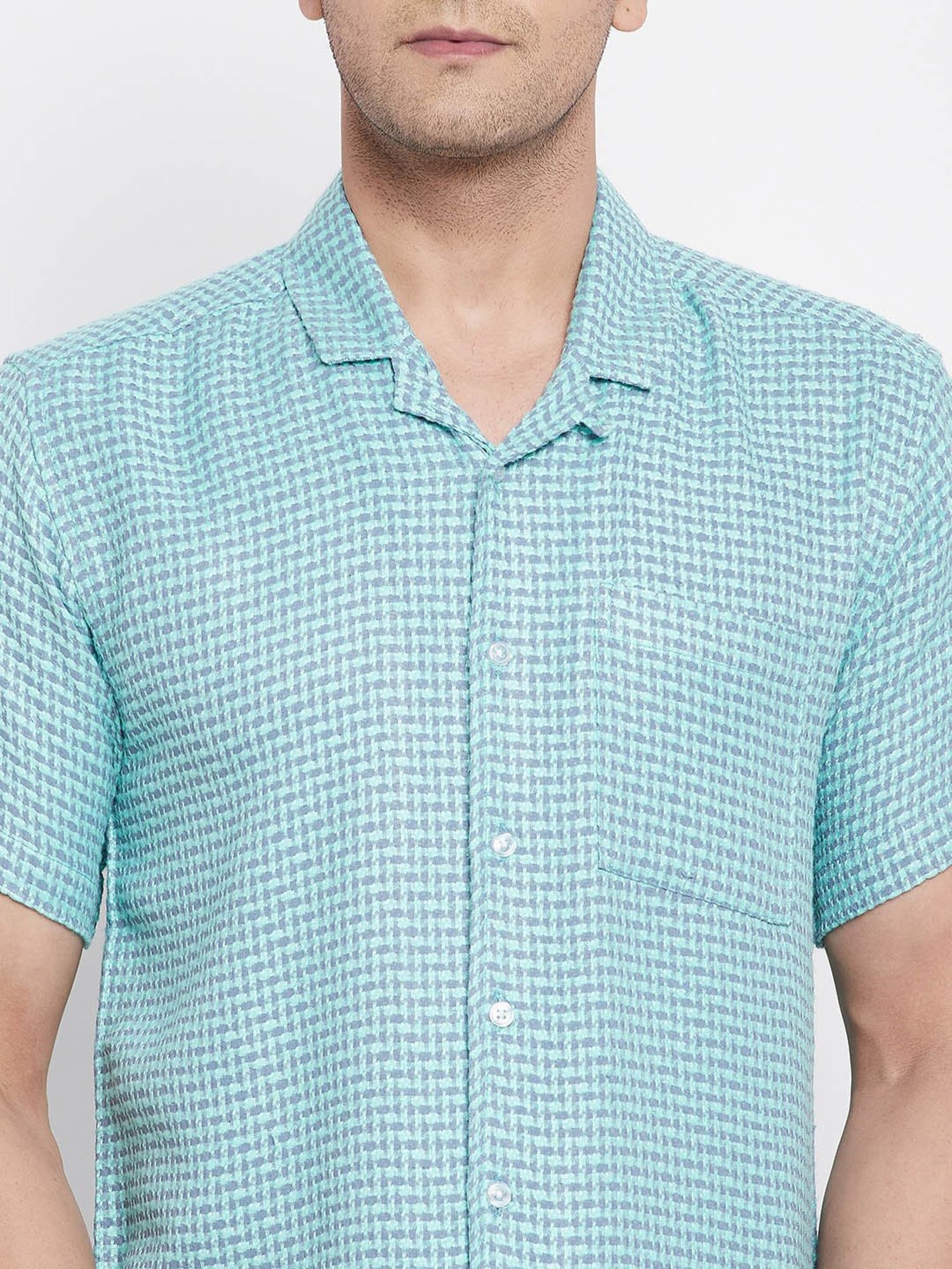 Even Turquoise Regular Fit Printed Shirt