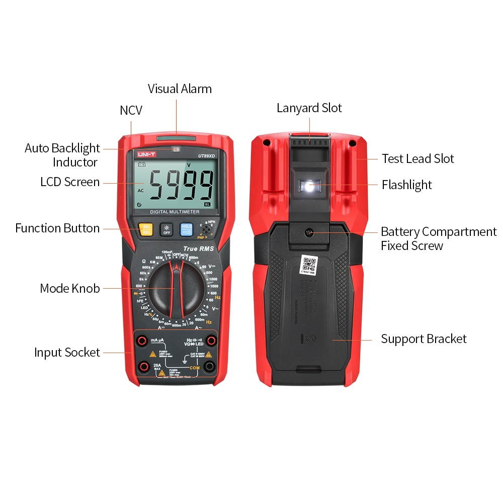 UNI-T UT89XD Digital Multimeter High Accuracy Handheld Mini Universal Meter 6000 Counts LCD Display True RMS Measure AC/DC Voltage Current Resistance Capacitance LED Test Frequency Diode Tester with