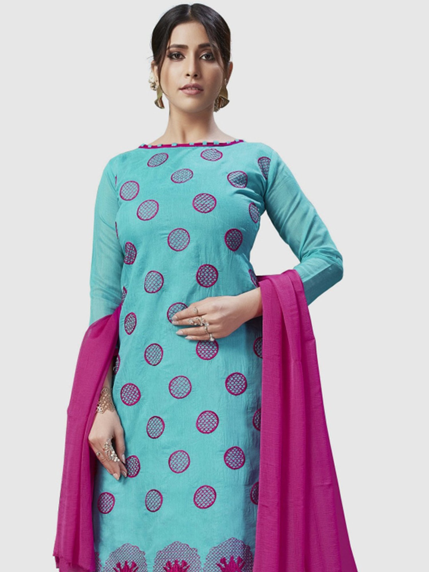 APNISHA Blue & Pink Embroidered Unstitched Dress Material