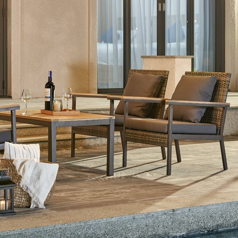 Evelyn 4pc Outdoor Resin Wicker Mixed Acacia Wood Lounge Sofa Set with Cushion - Gray - Vifah