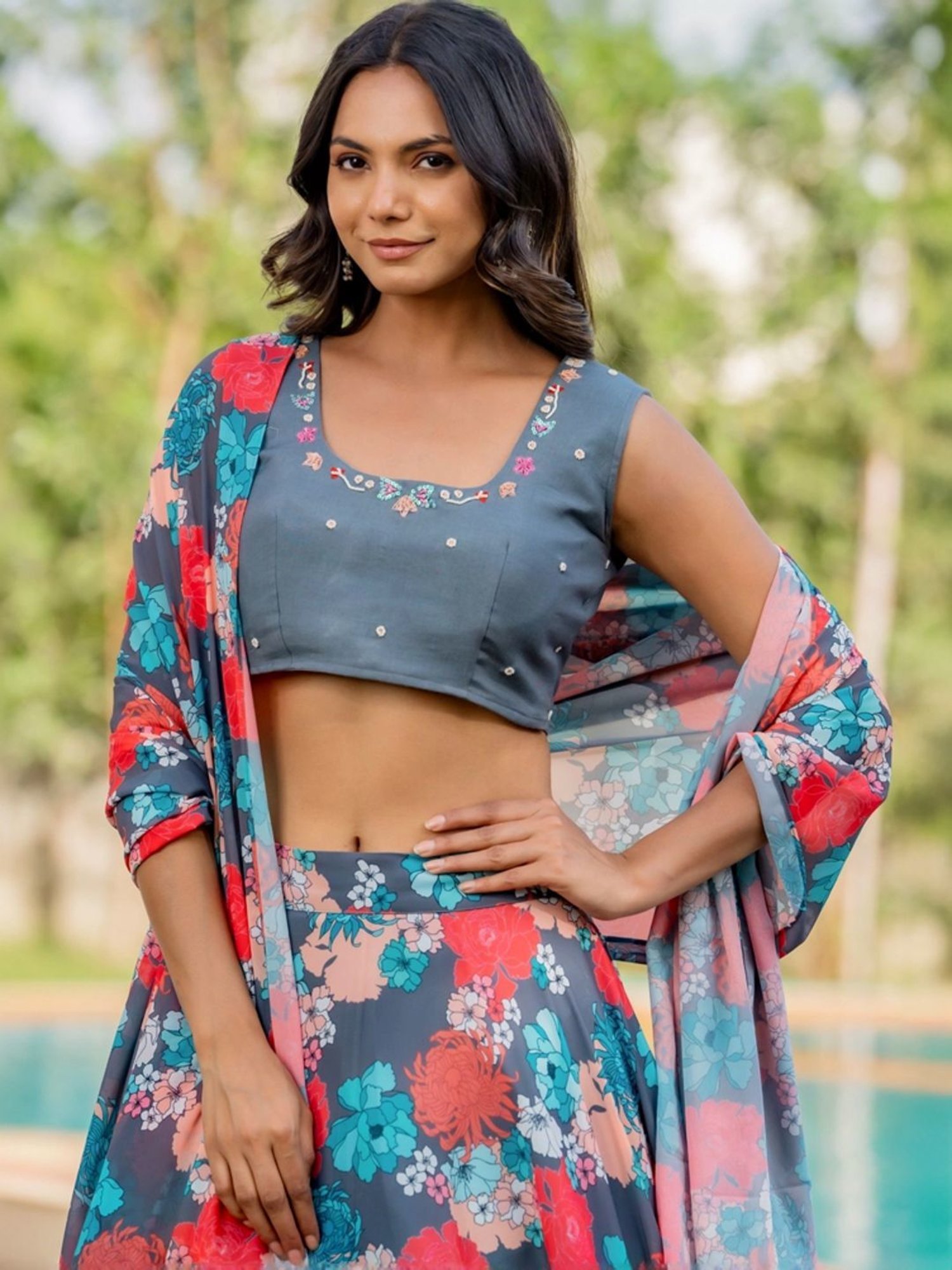 HOUSE OF JAMOTI Grey Printed Lehenga Choli Set With Dupatta