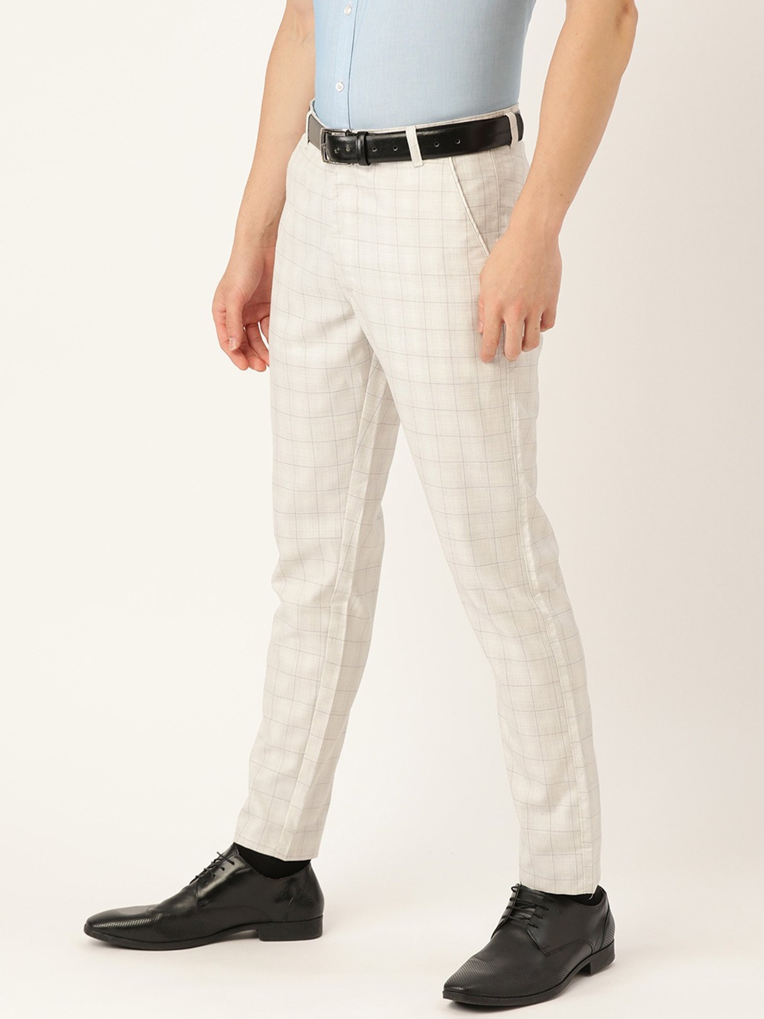 Sojanya Cream Cotton Regular Slim Fit Checks Flat Front Trousers