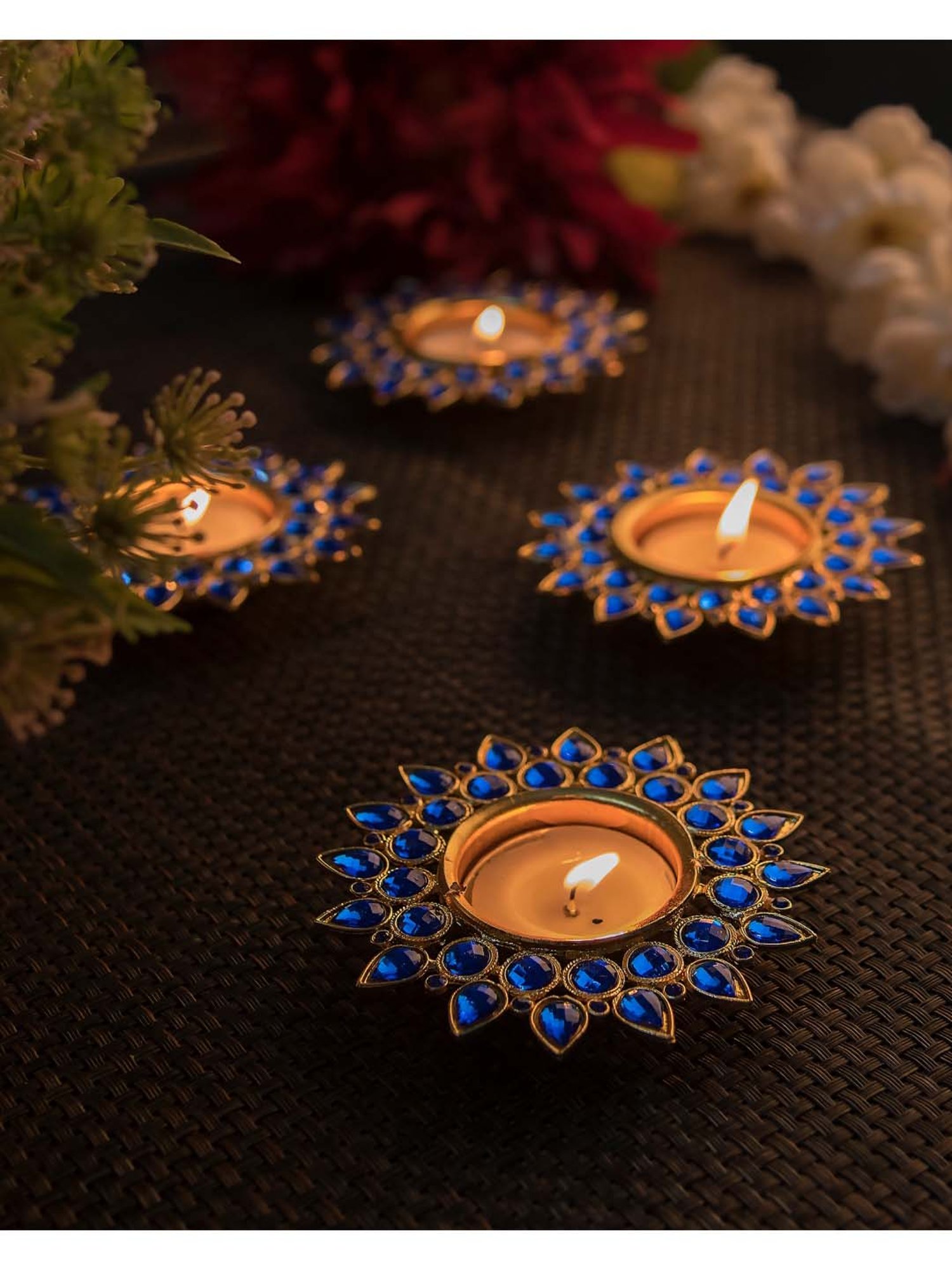 Homesake 'Christmas' Blue & Golden Metal Diya Holder With Tea Light - Set of 4