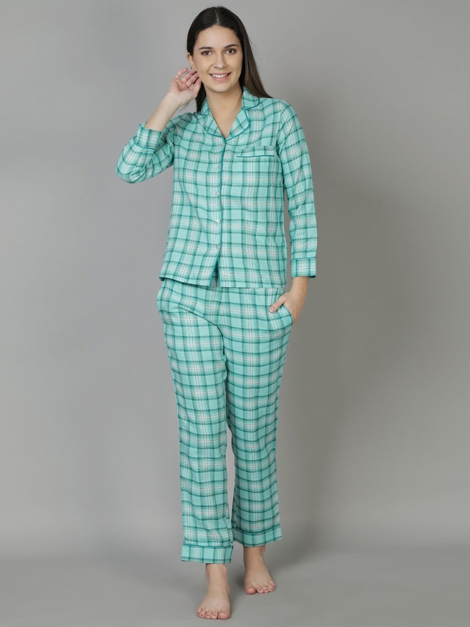 Dusk Attire Blue Green Checkered Pyjama Set